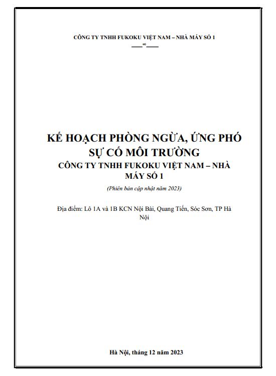 Kế Hoạch phòng ngừa, ứng phó sự cố môi trường- Nhà máy số 1